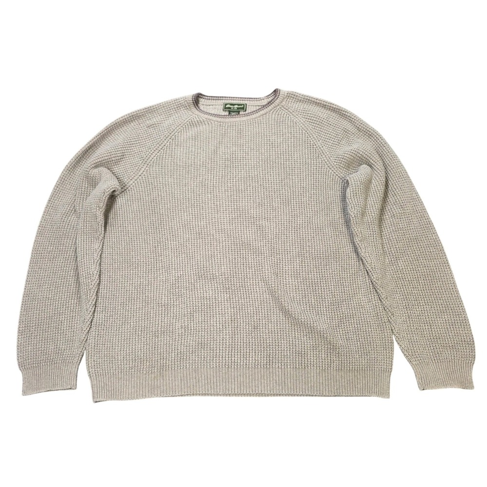 Eddie Bauer Waffle Knit Sweater Men's Size L Tan Beige Cotton Crewneck UK Made
